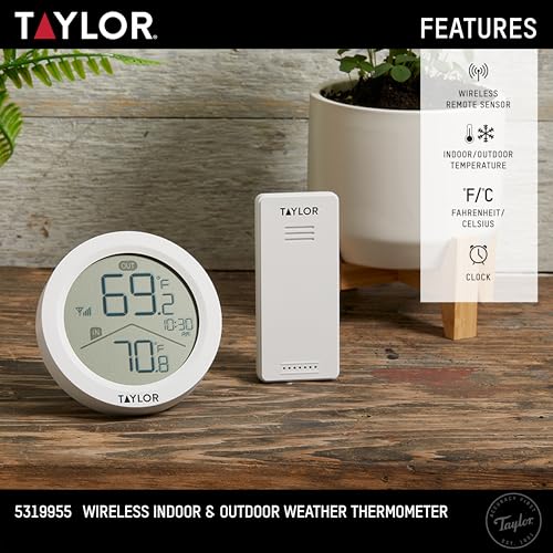 Taylor Wireless Digital Indoor Outdoor Thermometer, Easy to Read Numbers for Patio, Pool, and Indoor Areas, LCD, Black