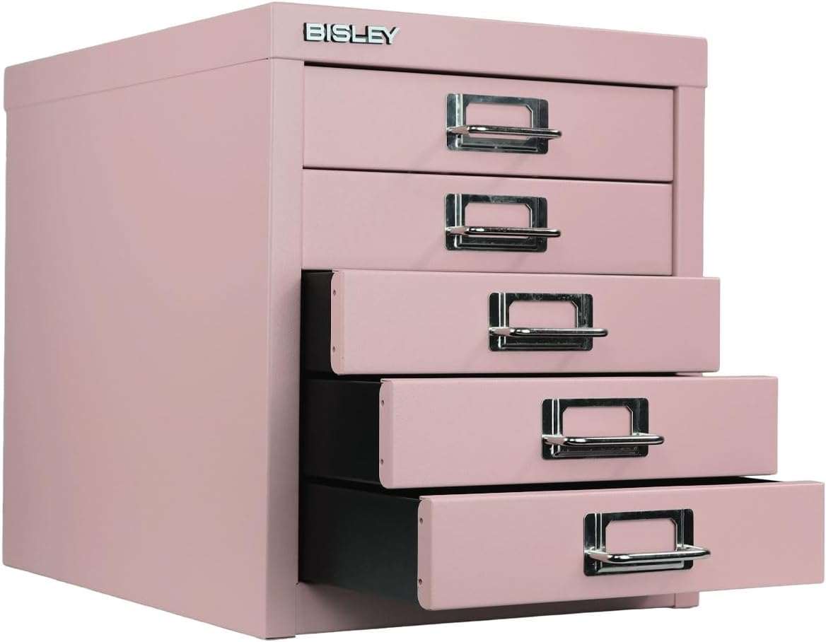 5-Drawer Steel MultiDrawer Cabinet - Orange, by Bisley | Chrome Pull Handles with Label Holders, Powder-Coated Steel, Removable Drawers, Desktop Storage, Labels Included