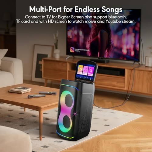 Smart Karaoke Machine with 10.1 Inch Screen, with Lyrics Display, Build-in Karaoke APP, 300W Powerful Speaker, 2 Wireless Microphones