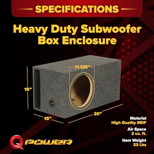 QPower HD112VL Single 12 Inch SPL XL Heavy Duty Side Ported Subwoofer Box Enclosure with Durable Carpet Covering for Car Audio Systems