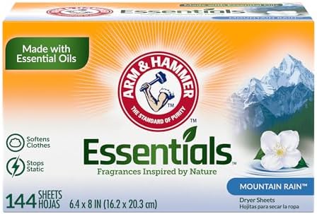 ARM & HAMMER Fabric Softener Dryer Sheets, Mountain Rain, 144 Count | Softens Clothes, Reduces Static Cling, Essential Oil Infused