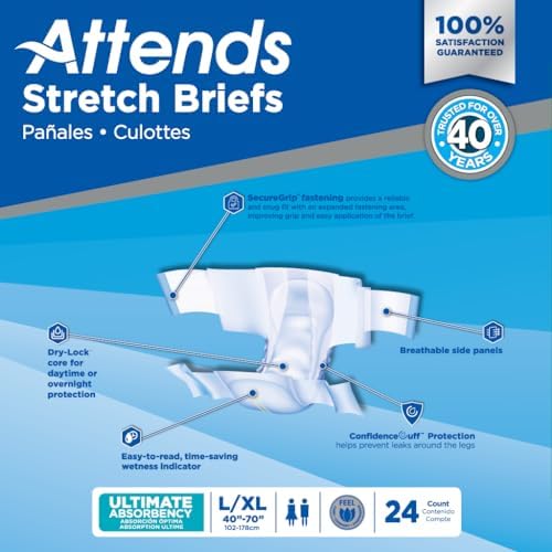 Attends Stretch Adult Incontinence Disposable Briefs, Large/X-Large, 40"-70" Waist with SecureGrip Tab Closure, Ultimate Absorbency with Dry-Lock Containment Core and Breathable Side Panels, 96ct Case