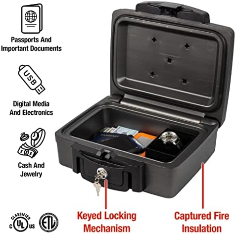 SentrySafe Fireproof and Waterproof Safe, Black Portable Lock Box with Key Lock and Carrying Handle for Money, Passport