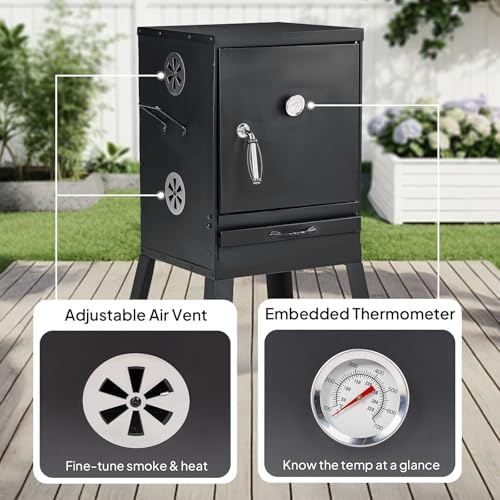 ROVSUN 2-in-1 Outdoor Smoker, Vertical Portable Charcoal Grill Smoker with Two Detachable Grill Smoking Racks and Charcoal Pan