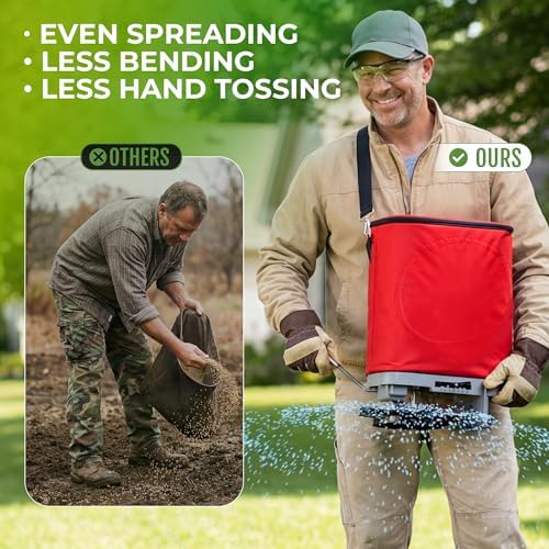 Walensee 25lb Handheld Bag Seed Spreader with Enclosed Metal Gears, Rear Baffle, Adjustable Flow Control, Durable Oxford Bag, Shoulder Strap
