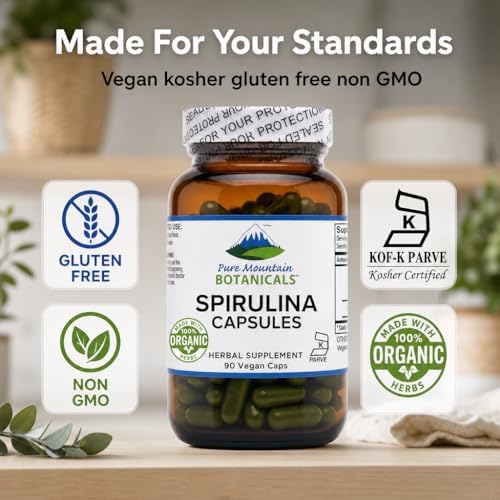 Pure Mountain Botanicals Spirulina Capsules 90 Count - 450mg Organic Spirulina - Kosher Vegan Non-GMO - Superfood Supplement - Espirulina