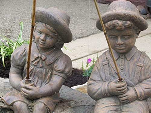 Fishing Boy & Girl Cast Stone Statues - Sculptures - Classic Iron Finish - Great Garden Gift Idea!
