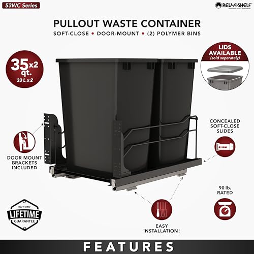 Rev-A-Shelf Double Pullout Trash Can w/Soft-Close Slides, 14.5" Min Opening | Large Capacity Garbage/ Recycling Waste Bins for Under Kitchen Cabinets, Heavy Gauge Wire Construction, 53WC-1835SCDM-217