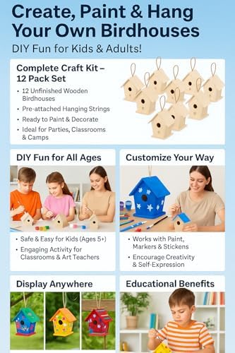 12 Pack DIY Bird House Kits for Kids to Paint, Unfinished Wooden Birdhouse | Bulk Birdhouses for Adults, Fully Assembled Ready to Decorate