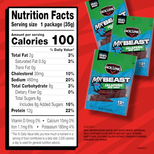 Jack Link's MrBeast Beef Jerky, Peppered Beef Jerky - 10 Count | As Seen on Beast Games, 11g Protein, Made with 100% Real Beef, Pantry-Ready Snacks