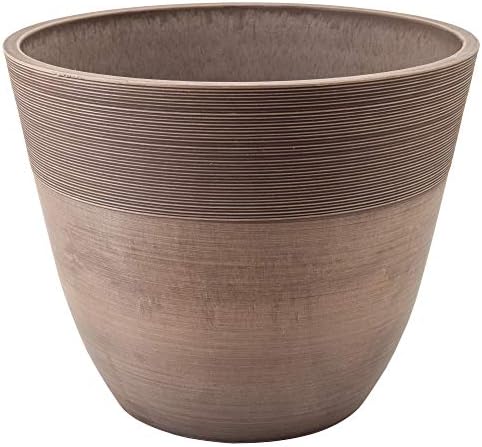 PSW Pot Collection 12-inch Plastic/Stone/Wood Composite Large Ribbed Planter – No Drainage Hole (Drillable), Indoor/Outer Garden Pot for Foliage