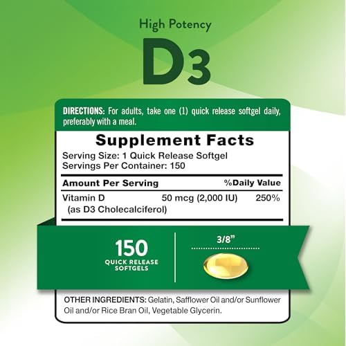 Nature's Truth Vitamin D3 2000 IU Softgels for Adults | 150 Count | High Potency | Non-GMO and Gluten Free Supplement | High Potency | Non-GMO and