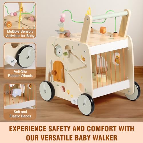 Pithfor Wooden Activity Cube Push Walker, Wooden Baby Walker, Montessori Push Toys for Babies Learning to Walk & Sit-to-Stand