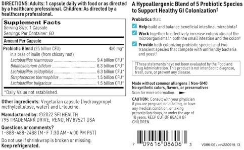 Klaire Labs SFI Health Pro-5 Probiotic, 60 Capsules | 25 Billion CFU High Dose Multispecies Gut Recolonization Support for Men & Women, Hypoallergenic & Dairy-Free