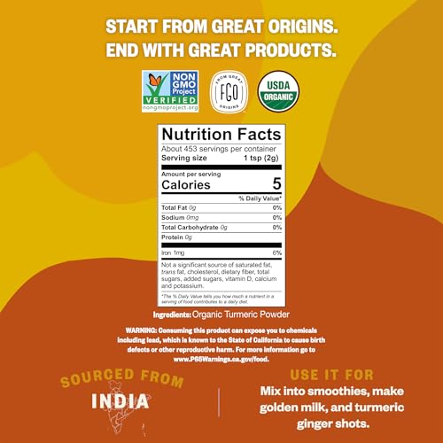 FGO Organic Turmeric Powder w/Curcumin, 8oz Resealable Pouch, USDA Organic and Non-GMO, Sourced from India, Packaging May Vary (Pack of 1)