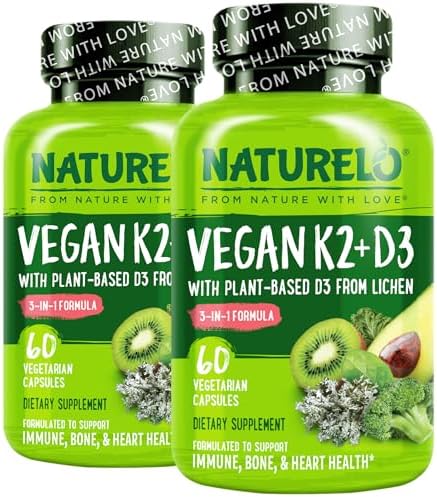 NATURELO Vitamin D3 K2, Vegan K2+D3 Supplement, 60 Capsules