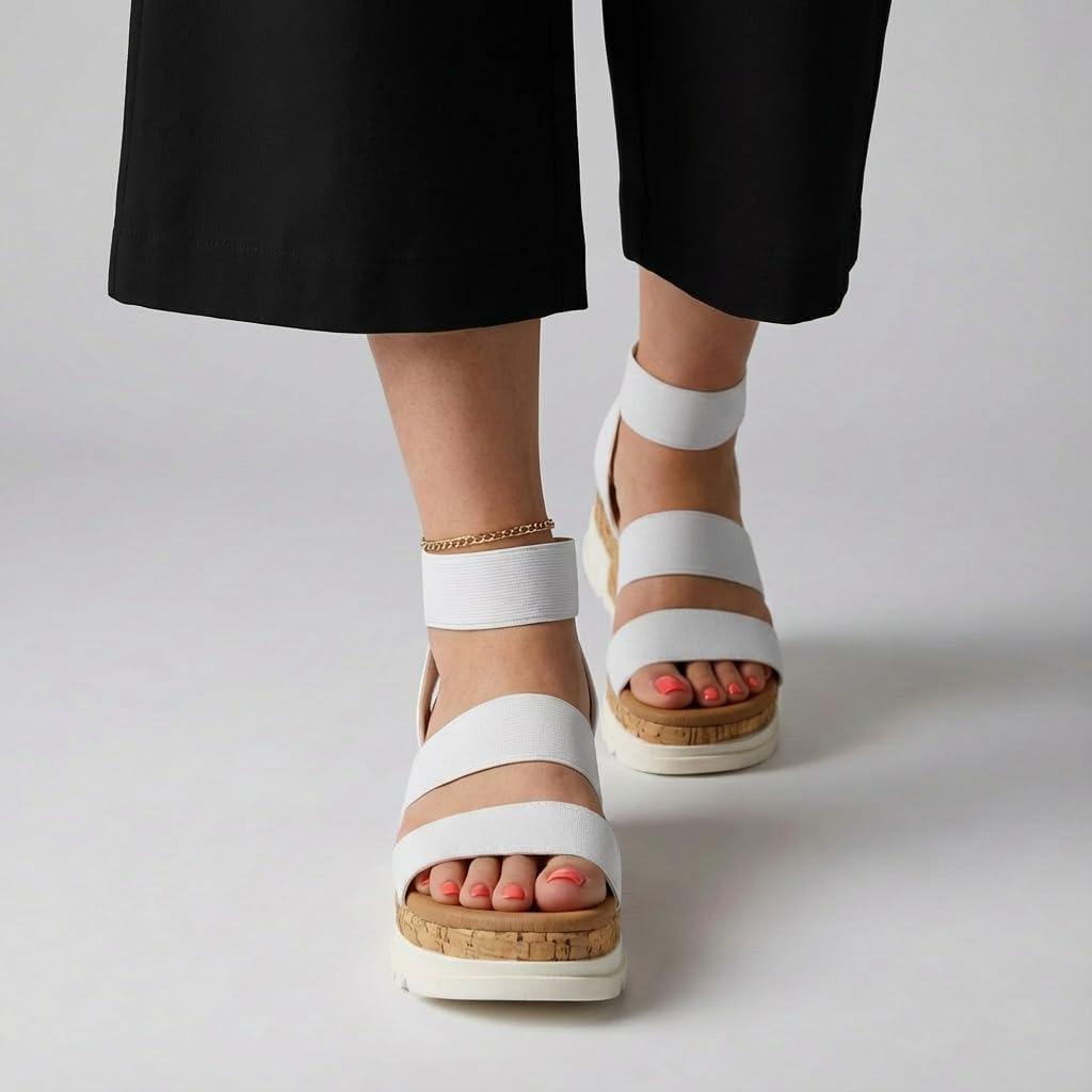 CUSHIONAIRE Naomi Cork Wedge Sandals for Women – Soft Stretch Straps Comfortable Platform Sandals for Women with Memory Foam Insole