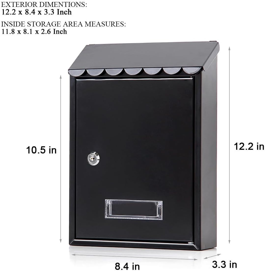 Locking Mailbox Wall Mount for Outside– Jssmst Mailboxes with Key Lock for Front Door Fence, Large Capacity Letter Box, 14.3 x 4.1 x 11.8 Inch, Black, SM-HPB911BN