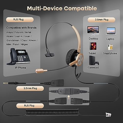 MAIRDI Phone Headset with RJ9 & 3.5mm Jacks for Call Center Office Deskphone Cell Phone PC Laptop