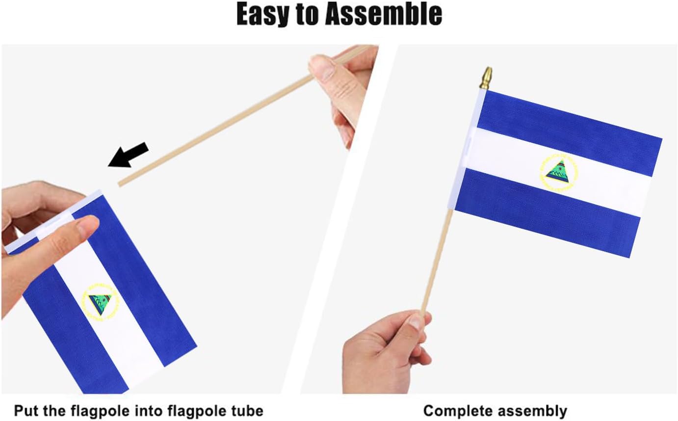 12Pcs Small Nicaragua Flags on Wooden Stick Mini Nicaraguans Flag Hand Held Flag Decorations,5x8 Inch