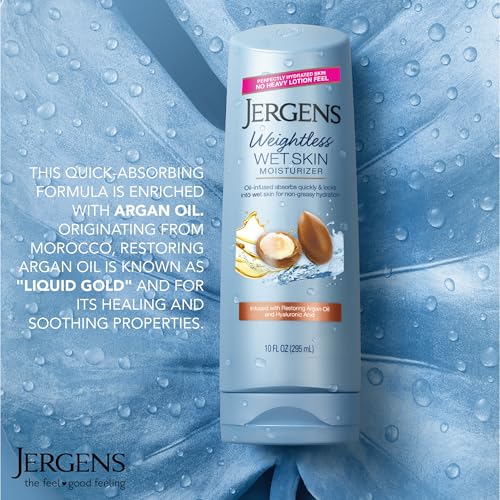 Jergens In Shower Lotion For Dry Skin, Wet Skin Moisturizer, 10 oz, 4 Pack | Argan Oil, Hyaluronic Acid, Fast Absorption, Non-Sticky Formula, Dermatologist Tested
