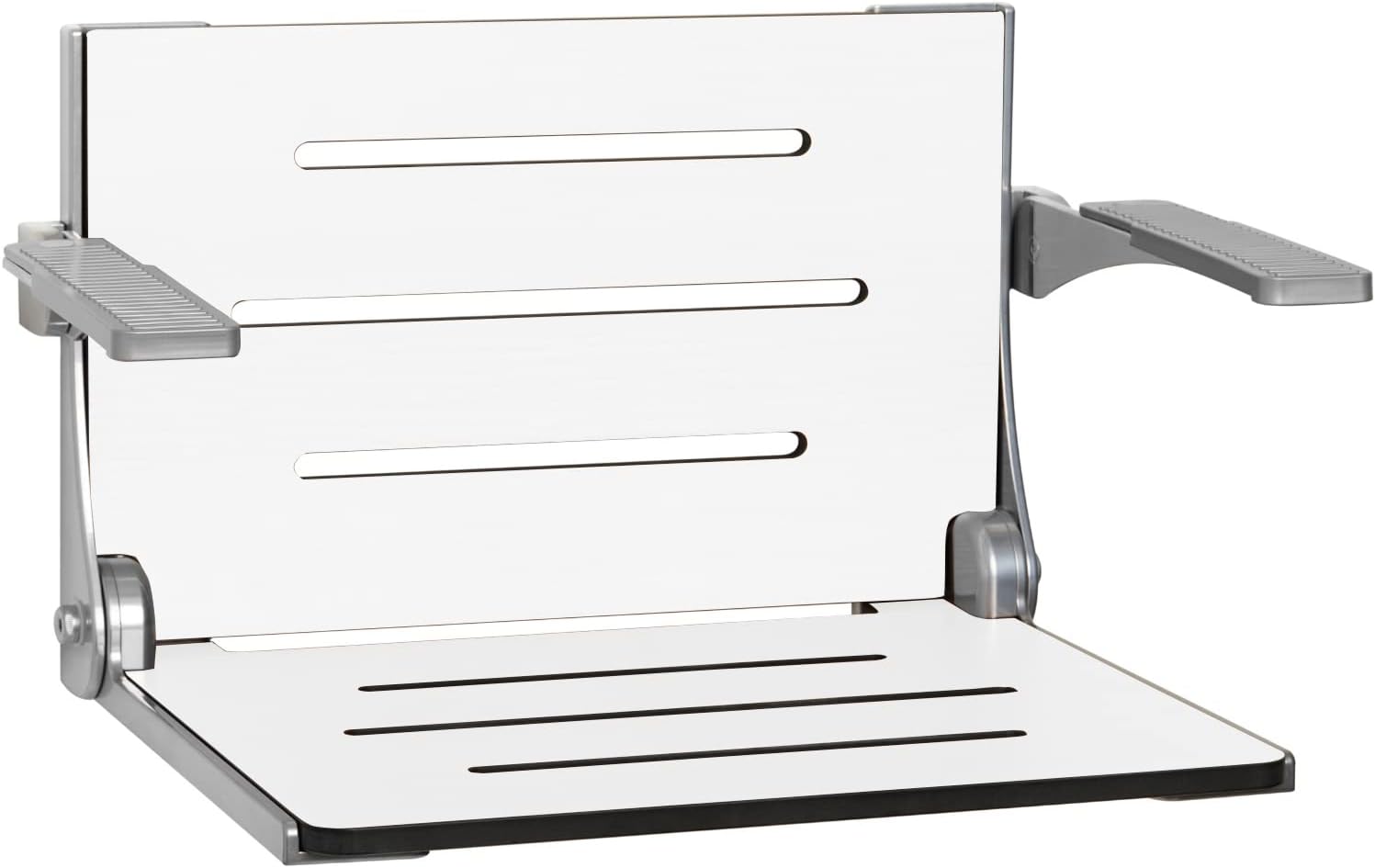 Seachrome Silhouette Comfort Folding Wall Mount Shower Bench Seat with Arms, Teak Seat with Silver Frame