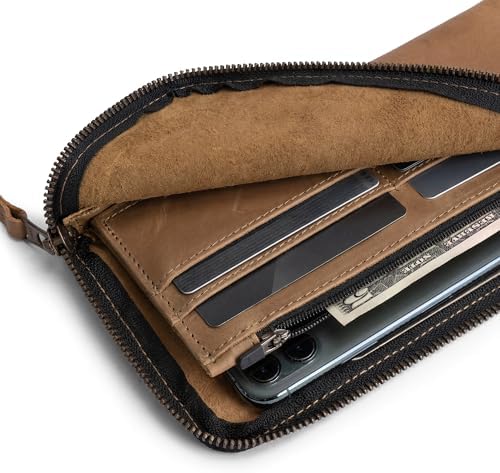 Hide & Drink, Leather Long Zippered Wallet, Holds Up to 8 Cards Plus Coins And Flat Bills, Phone Holder, Travel Essentials, Handmade (Bourbon Brown)