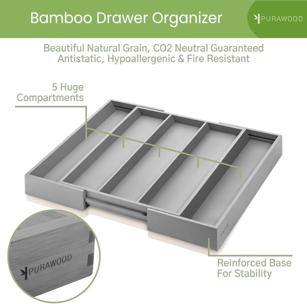 Purawood Kitchen Drawer Organizer - Expandable Utensil Drawer Organizer for Kitchen, Cutlery Tray & Silverware Organizer