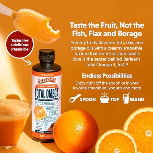Barlean's Total Omega 3 6 9 Orange Crème Liquid Fish Oil Supplement with Borage and Flaxseed Oil, 2,400 mg of Omegas EPA and DHA Plus GLA for Joint and Heart Health, 8 oz | Fish, borage & flax oils, EPA DHA ALA GLA omegas, Burpless, Non-GMO, Gluten-free,…