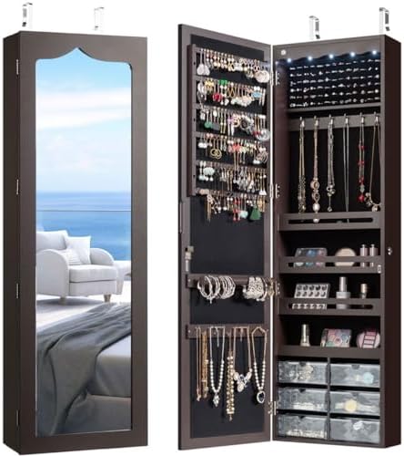 CHARMAID Jewelry Cabinet Armoire, Wall Mount Door Hanging, Lockable Jewelry Organizer with 47.5'' Full Length Mirror, 5 Lights