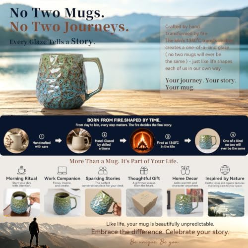18oz Unique Kiln-Change Ceramic Coffee Mug, Handcrafted Hammered Texture Ceramic Mug with Ergonomic Handle, Microwave & Dishwasher Safe
