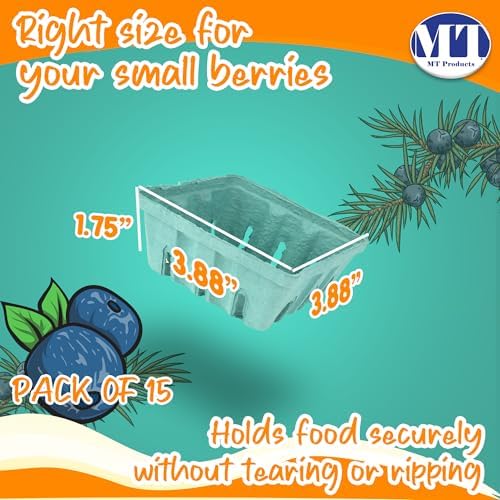 MT Products Green Berry Basket 1 Quart - Molded Pulp Fiber Vented Produce Basket (Pack of 15) - Made in the USA