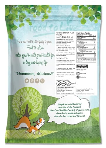 Food to Live - Brown Flax Seeds, 5 Pounds Raw Whole Flaxseed, Kosher, Vegan, Bulk. High Dietary Fiber Food. Rich in Omega-3 Fats. Great for Salads, Baked Goods, Smoothies, Oatmeal, and Yogurt.