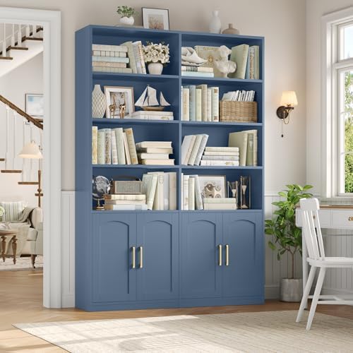 Bookshelf and Bookcase with Doors, Double Wide Large Bookshelves | Industrial Open Display Shelves 6 Tier, 73'' Tall Bookshelf with Storage Cabinets for Office,Home, Living Room, Library,White