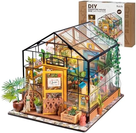 Rolife Cathy's Greenhouse Miniature Kit with LED Lights | 1:18 Scale Flower House Wooden 3D Puzzle Model Kit for Beginners DIY Craft for Adults Diorama Home Decor & Birthday Gift
