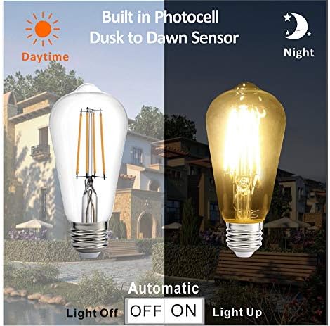Dusk to Dawn LED Lights Bulb,Photocell Sensor Bulb, Auto Turn On/Off, ST58 ST19 60W Edison Replacement, E26 8W 800lm,Warm White 2700K for outdoor wall light fixture Garden Garage Porch Pack of 2