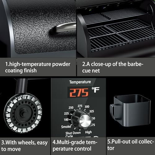 KingChii Electric Wood Pellet Grill & Smoker with Side Shelf, 456 SQ.IN Grill Capacity, with PID Temperature Control (180-425°F) for Backyard Camping Bake and Roast, Black