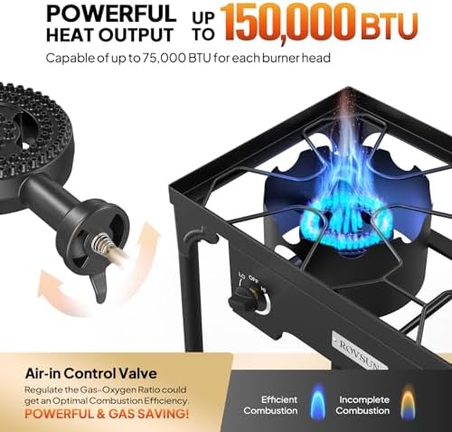 ROVSUN 2 Burner Outdoor Propane Gas Stove with Adjustable Regulator, 150,000 BTU High Pressure Stand Cooker for Backyard Cooking Camping Home Brewing Canning Turkey Frying