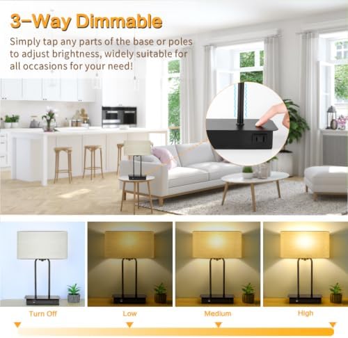 16’’ Table Lamp for Bedroom, Bedside Nightstand Lamp with LED Bulb | 3-Way Dimmable, Touch Control, 2 USB Charging Ports, AC Outlet, Modern Style