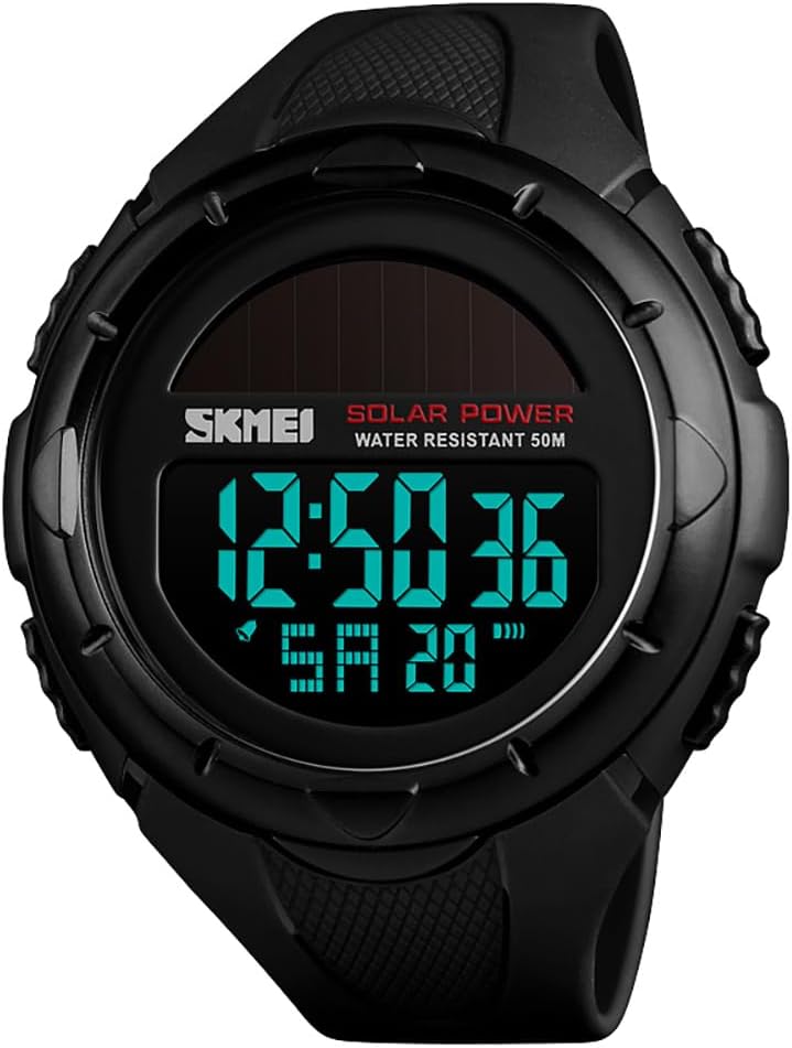 MASTOP Solar Powered Energy Watch for Men Military Digital Multifunctional Led Luminous Indication 2 Time Zone 50m Waterproof Watch Reloj Solar para Hombre