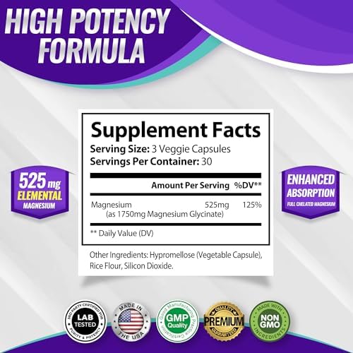 Magnesium Glycinate 525mg - High Absorption Chelated Magnesium Supplement Made with Pure Magnesium Glycinate - Supports Muscles, Sleep, Cramps