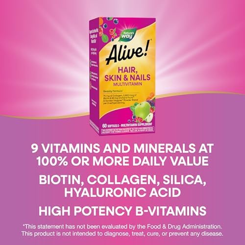 Nature's Way Alive! Hair, Skin and Nails Multivitamin, with Collagen, 60 ct | 75 mg Collagen and 2, 500 mcg Biotin per 2-Softgel Serving