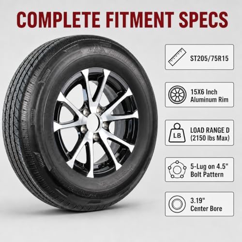 eCustomrim 2-Pack Radial Trailer Tire Rim Assembly ST205/75R15 5 Lug Black | 15 Inch Load Range D 8 Ply Tire With Curb Guard