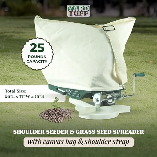 Yard Tuff Outdoor Lawn Garden 25 Pounds Shoulder Seeder and Grass Seed Spreader with Canvas Bag and Shoulder Strap, Green/White