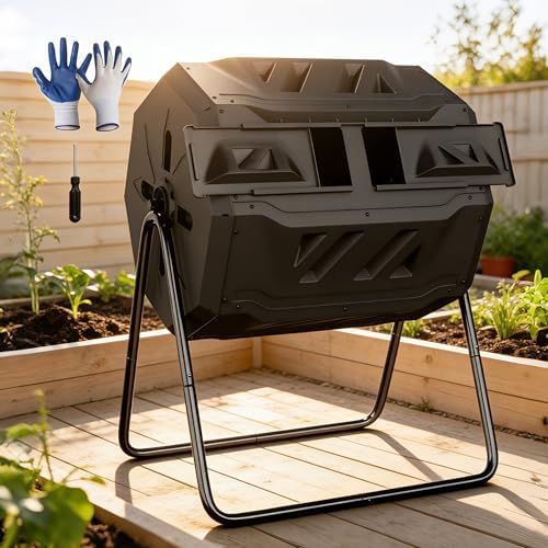 F2C Compost Bin Outdoor 43 Gallon Garden Dual Chamber Composter Bin - Bundled with Pearson's Gardening Gloves, BPA Free, Heavy-Duty Steel Frame