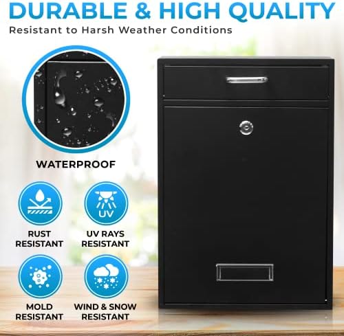 Wall Mounted Locking Vertical Dropbox Mailbox - Safe and Secure (Large) | Made with Galvanized Steel (Black)