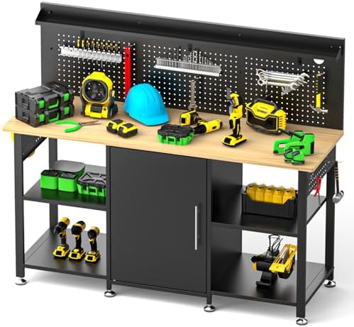 60 Inch Heavy Duty Workbench with Storage Cabinet, Wooden Top, 2000 lbs Capacity, Garage Work Table with Pegboard, Power Outlet, Leveling Feet, Black