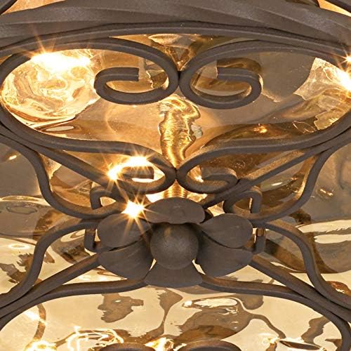 Casa Seville 12" Walnut Rustic Indoor-Outdoor Ceiling Light Fixture | Flush-Mount Dark Scroll Water Glass Damp Rated for Exterior House Porch Patio Outside Deck Garage Front Door Home
