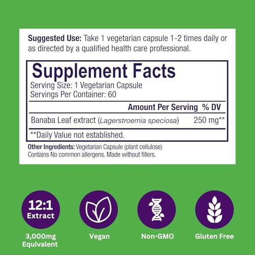 Paradise Herbs & Essentials Banaba Leaf Extract 250 mg, 180 Capsules | 12:1 concentrated formula, vegan, gluten free, non-GMO dietary supplement with a convenient daily serving format