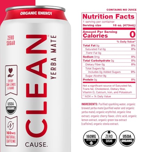 CLEAN Cause Zero Sugar Yerba Mate Organic Energy Orange Ginger, 12Pack 16oz